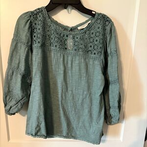 Shabby Chic Green Puff Sleeve Blouse with Bib Collar